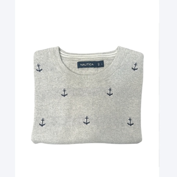 Nautica Gray Anchor Print Cotton Crewneck Sweater Size L - Picture 7 of 7